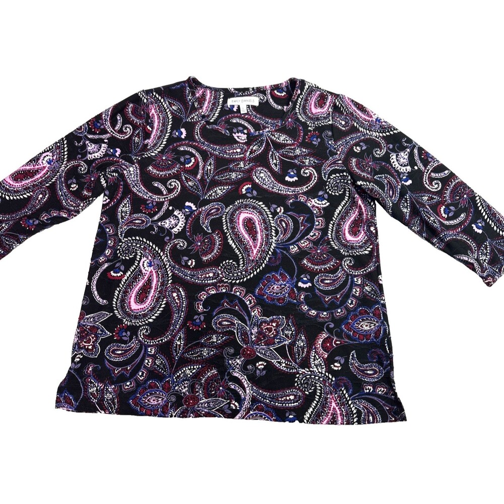 Emily Daniels Navy Blue Paisley 3/4 Sleeve Scoop Neck Stretch Top Blouse L